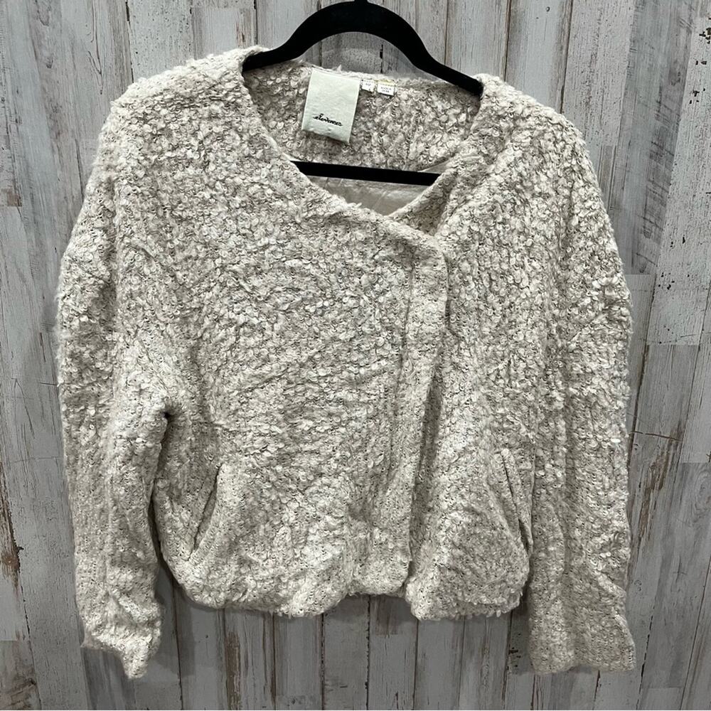 Anthropologie Elevenses Cream Fuzzy Wool Blend Moto Zip Cardigan Jacket Lined